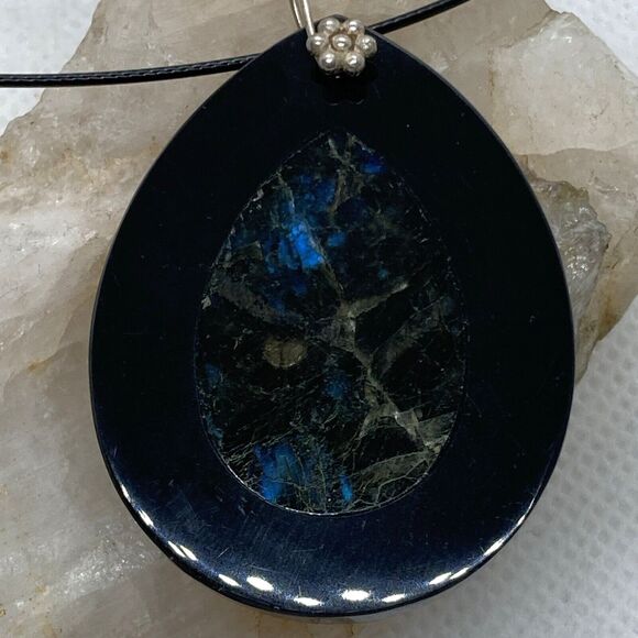 Vintage Labradorite Stone Inlay Pendant 18.5'' Necklace Sterling 925 Silver 16g - Picture 4 of 8